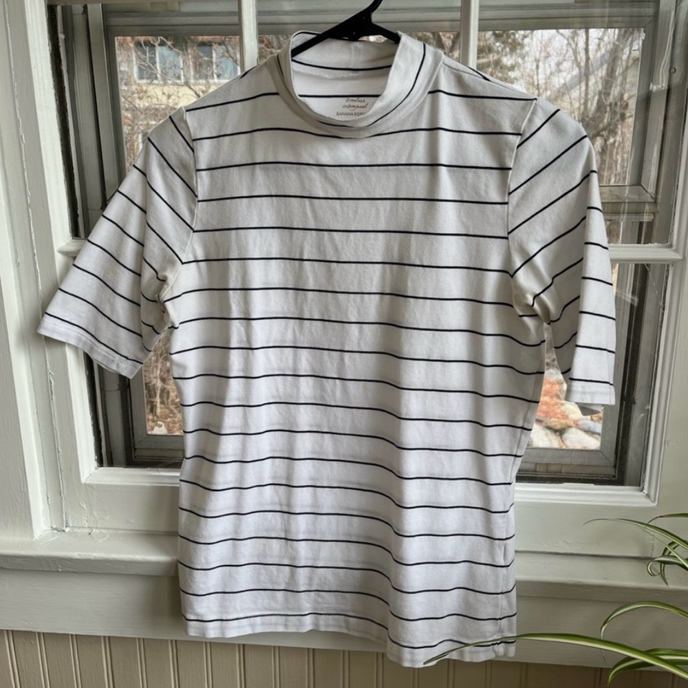White and Black Striped Mock-Neck Tee
